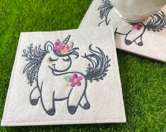 Unicorn Coasters, Embroidered Unicorn Coaster, Unicorn Decoration, Felt Unicorn