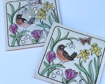 Spring Coasters, Cork Coaster, Embroidered Robin Coaster, Spring Scene Coasters, Coaster Set, Flower Coasters, Hostess Gift