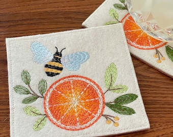 Bumble Bee Coasters, Embroidered Bee Coaster, Oranges Coasters, Felt Bumble Bee, Cork Coasters