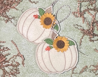 Embroidered Pumpkin Ornament,  Cream Sunflower Fall Decor, Fall Pumpkin Hanging Decoration