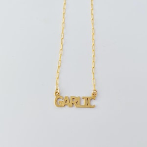GARLIC word pendant - Handmade metal pendant in jewelers brass or sterling silver - Free US shipping