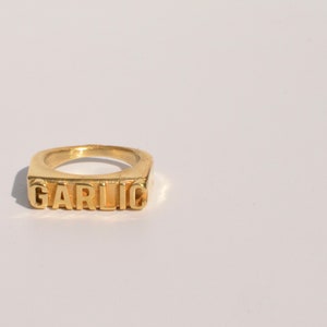 GARLIC word ring - Handmade metal ring in jewelers brass or sterling silver - Custom sizes (full, .25, .5, .75) - Free US shipping