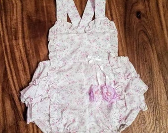 Vintage Mayfair Baby Girl Bubble Romper White, Pink, Purple Ruffle Floral Size 6 - 12 Months