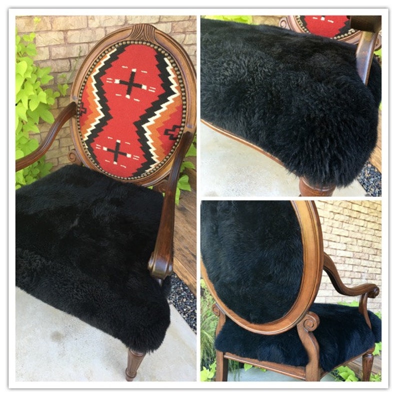 Vintage Rustic Restored Black Sheepskin Accent Arm Chair Upholstered Navajo Santa Fe Kilim Rug