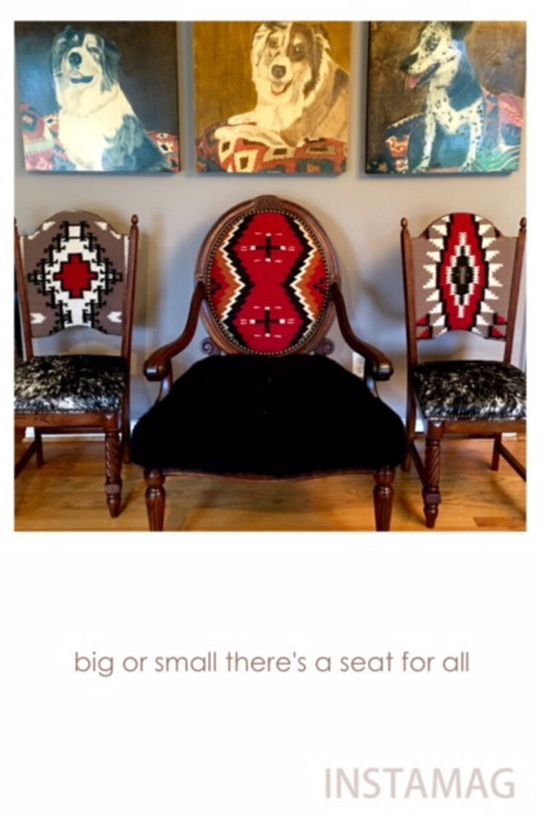 Vintage Rustic Restored Black Sheepskin Accent Arm Chair Upholstered Navajo Santa Fe Kilim Rug