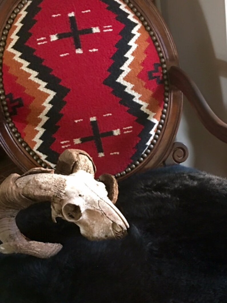 Vintage Rustic Restored Black Sheepskin Accent Arm Chair Upholstered Navajo Santa Fe Kilim Rug