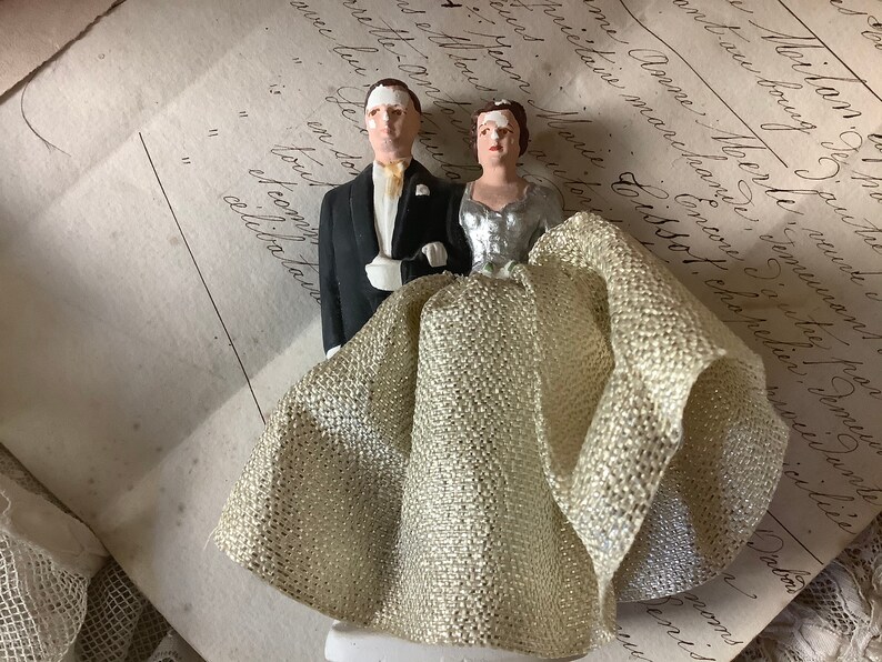 Beautiful old chalk ware bride and groom wedding cake topper image 1