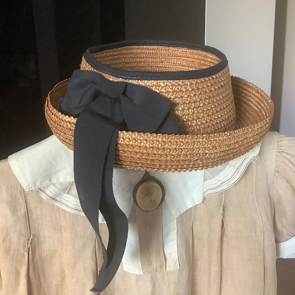 Antique little girls farmhouse straw hat with millinery flowers