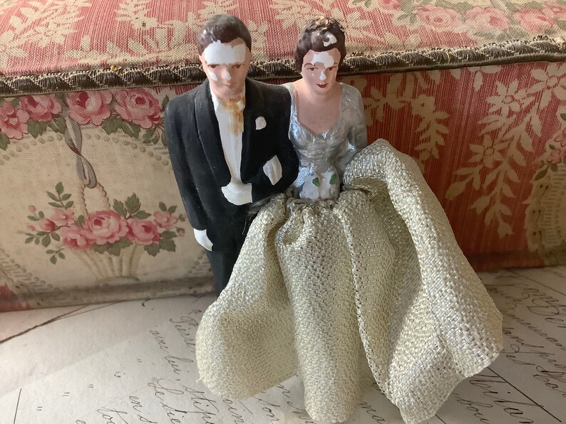 Beautiful old chalk ware bride and groom wedding cake topper image 0