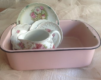 Charming large 16" vintage chippy pink porcelain enamelware container