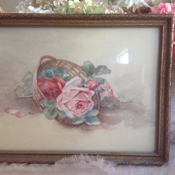 Stunning vintage shabby cottage boudoir pink roses watercolor painting