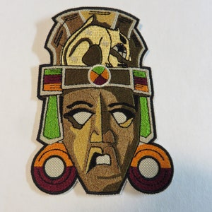 Mayan mask, iron on patch, embroidered, Jaguar, Central America, jungle, Maya, Mexico, Guatemala, Belize