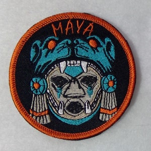 Maya warrior jaguar mask, iron on patch, jungle, Mexico, Central America, Mayan