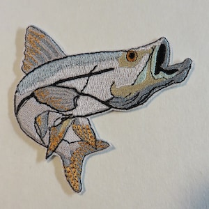 May include: An embroidered patch of a silver and orange fish with its mouth open, jumping out of the water.