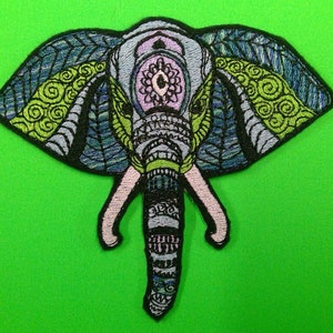 Elephant, patch, bohemian, home decor, jacket, vest, ornate, iron on embroidery, green
