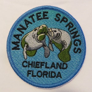 May include: A blue and white embroidered patch with two manatees, the text "Manatee Springs", "Chiefland", and "Florida".