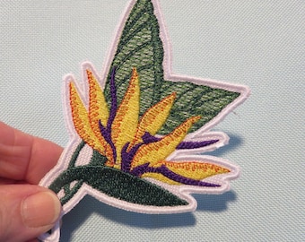 Bird of paradise flower, iron on patch, tropical, embroidery, blooms