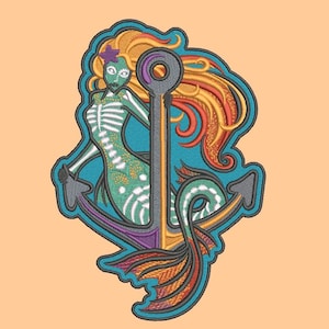 May include: Embroidered patch featuring a skeleton mermaid with a green tail and orange hair wrapped around an anchor. The anchor is gray with purple accents.