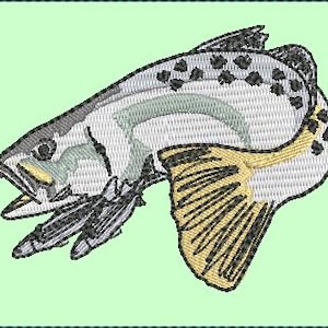 May include: Embroidered design of a fish with a light gray body, black spots, and yellow and black fins. The fish is set against a light green background. The fish's mouth is open, and its fins are detailed.