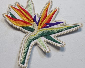 Bird of paradise embroidered patch, tropical flowers, iron on patch, emblem