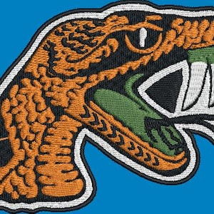 May include: An embroidered patch of a green, orange, and black snake with its mouth open, showing white fangs. The snake is on a blue background.