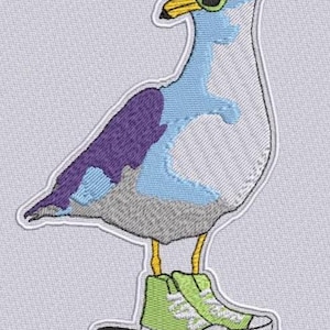 May include: Embroidered patch of a cartoon seagull wearing sunglasses and green high-top sneakers. The seagull has blue, purple, and gray feathers, with yellow legs and a yellow beak. The patch has a white border.