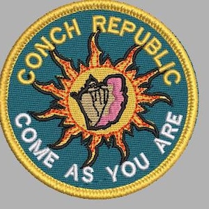 Conch Republic, Key West, yellow or blue choice, iron on patch, vacation, souvenir, beach, tropics