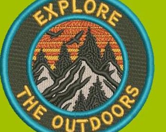 Explore the outdoors, iron on, patch, hiking, trails, mountains, nature, backpack, vest, jacket, camping