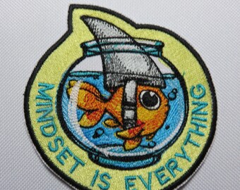 Goldfish, shark, fish, beach, Encourage, goldfish bowl, Mindset is everything, iron on patch, motivation.