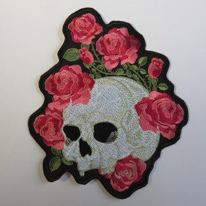 Skull and roses, LARGE iron on patch, embroidery, biker, day of the dead, skulls