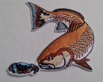 Redfish, best seller, red drum embroidery patch, iron on, fishing, inshore coastal fish, applique, boating, flats fishing
