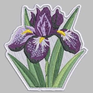 May include: Embroidered patch featuring a purple iris flower with yellow accents and green leaves. The flower has detailed stitching and a white border, set against a gray background. This patch is suitable for clothing or accessories.