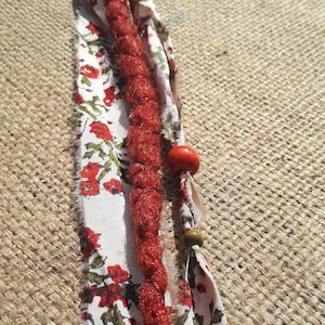Synthetic Dreads - Red Blossom - Single Dreadlock Clip-In With Sari Silk Ribbons And Beads | Set of 1