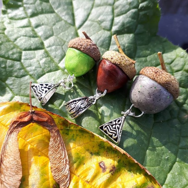 Dread Bead -  Acorns in Green/Stone/Brown natural capped clay charms on silver bail beads.