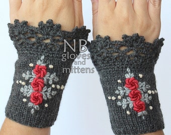 Dark Gray Wrist Warmers  With Embroidered Roses, Knitted Fingerless Gloves, Gloves & Mittens, Gift Ideas, For Her, Winter Accessories, Grey