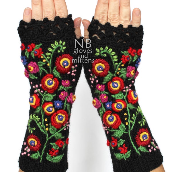 RESERVED for Nicola, Knitted Fingerless Gloves, Black, Red, 25 cm Long, Clothing And Accessories, Gloves & Mittens, Long Gloves For Women