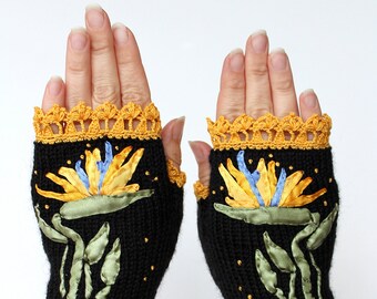 Hand Knitted Fingerless Gloves, Strelitzia, Gloves & Mittens, Gift Ideas, For Her, Black, Yellow, Women