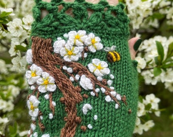 Green Sakura Gloves, Sakura Blossoms Embroidery, Flowering Sakura Tree And Bees, Knitted Fingerless Gloves, Accessories, Gloves & Mittens