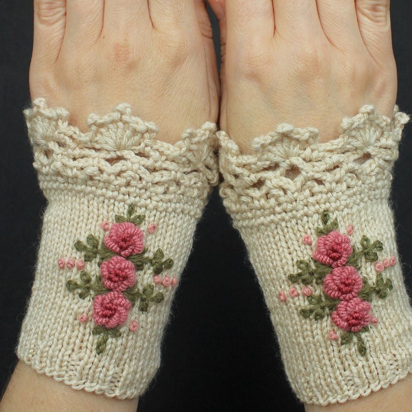 Ivory Wrist Warmers With Embroidered Roses, Knitted Fingerless Gloves, Pink Roses, Gloves & Mittens, Gift Ideas, For Her, Winter Accessories