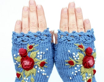 Blue Fingerless Gloves, Knitted Mitts, Fingerless Gloves, Blue, Red Roses, Clothing And Accessories, Gloves & Mittens, Gift Ideas, For Her