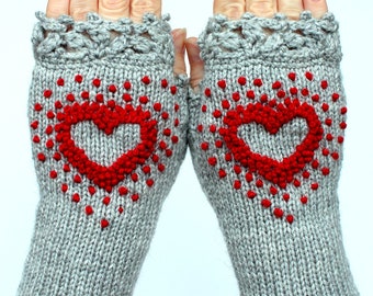 SMALL Size Gray Gloves With Red Heart, Knitted Fingerless Gloves, Embroidered Heart, Gloves & Mittens, Gift Ideas, Grey Red, Gift For Her