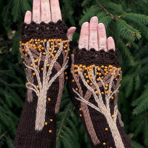 LARGE Size Brown Gloves With Trees, Fingerless Gloves, Embroidery, Trees And Orange Leaves, Gloves & Mittens, Chocolate Brown Mitts