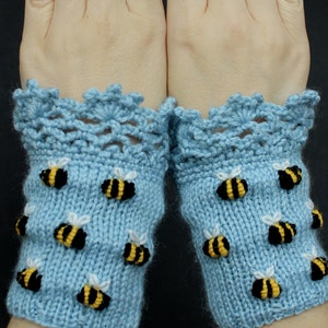 Light Blue Knitted Wrist Warmers: Embroidered Bees, Lace Trim