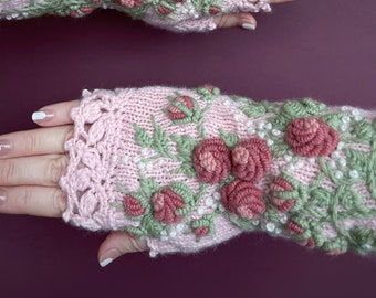 Pink Rose Gloves, Soft Pink Gloves, Embroidered Knitted Fingerless Gloves, Pastel Pink Mittens, Winter Accessories, Gloves & Mittens For Her