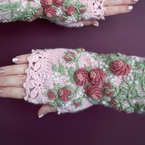 Embroidered Rose Fingerless Gloves: Hand Knit Pastel Pink Mittens