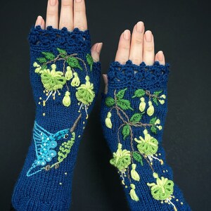 Embroidered Fingerless Wool Mitts: Indigo Hummingbird Gloves