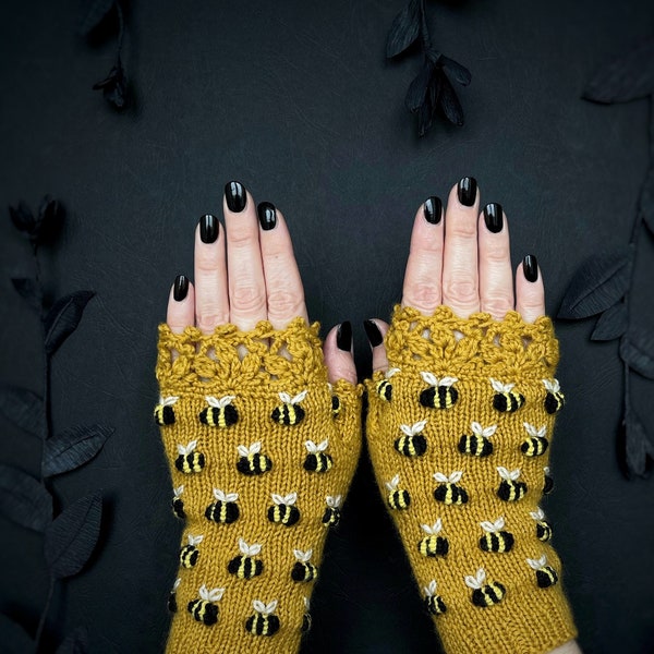 Mustard Gloves with Bees, Fingerless Gloves With Bees, Embroidery, Bee, Beekeeping, Gloves For Bee Keeper, Save The Bees,  Gloves & Mittens,