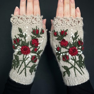 Red Roses Gloves, Beige Gloves Dark Red Roses, Fingerless Gloves, Knitted Mitts, Accessories, Gloves & Mittens, Gift Ideas, For Her, Spring