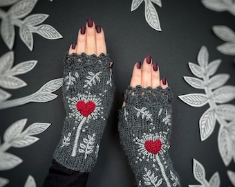 Valentine's Day Gloves With Heart, Knitted Fingerless Gloves, Gloves With Heart, Embroidered Mittens, Grey And Red, Gifts For Women, Gray