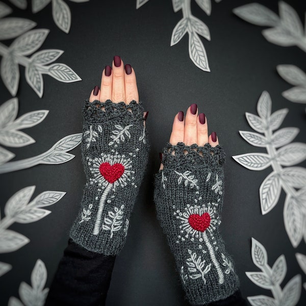 Valentine's Day Gloves With Heart, Knitted Fingerless Gloves, Gloves With Heart, Embroidered Mittens, Grey And Red, Gifts For Women, Gray